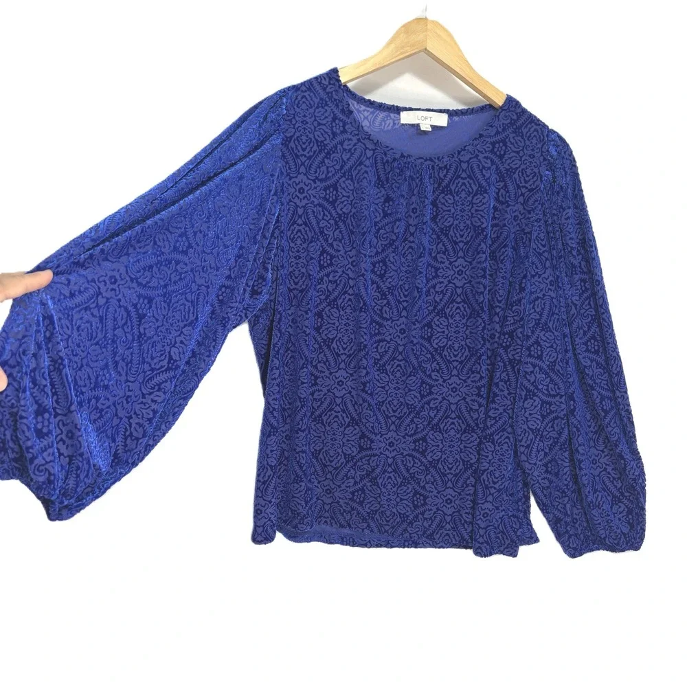 LOFT Blouse Blue Velvet Burnout Damask Puff Sleeve Holiday Party Romantic L